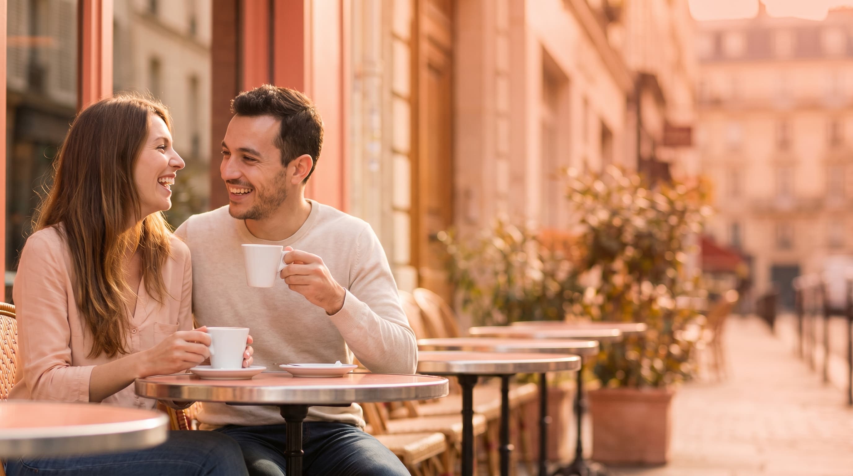 Couple souriant à la terrasse d'un café parisien